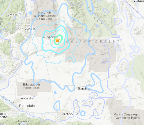 CBSLosAngeles's tweet photo. USGS records a 4.3 earthquake centered 11 miles from the community of Trona in San Bernardino County, occurred around 2:23am. USGS says @USGS_ShakeAlert system was activated. Did you feel it? Map from @USGS https://t.co/IQc8RrDeTi