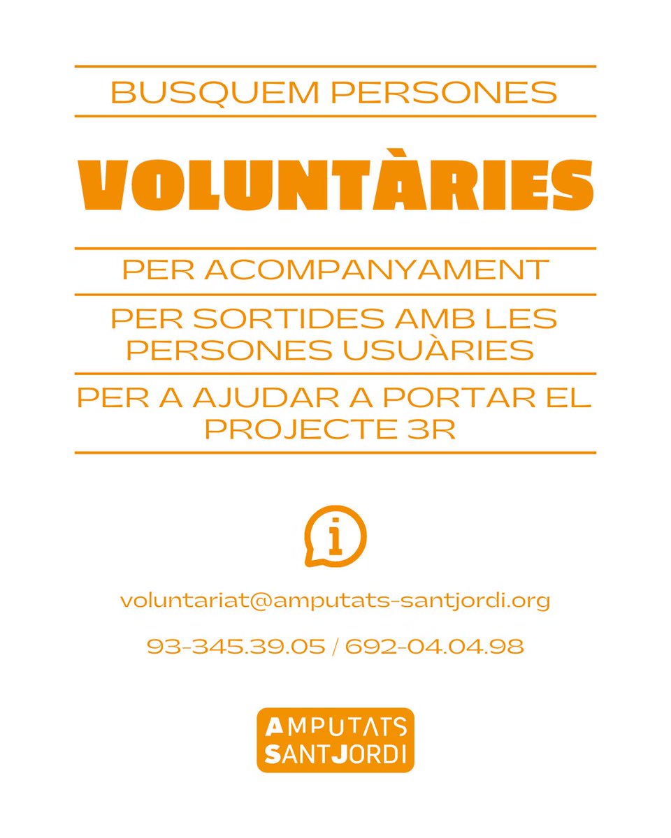 AmputatsStJordi's tweet photo. ⚠️🟠 BUSQUEM PERSONES VOLUNTÀRIES!

Si estàs interessat o interessada, posa't en contacte amb nosaltres a través d'aquests canals ⬇️

📩 voluntariat@amputats-santjordi.org

📞 933453905 o 692040498

#AmputatsSantJordi #Voluntariat #Voluntaris #Voluntàries https://t.co/jG5uDoNkSt