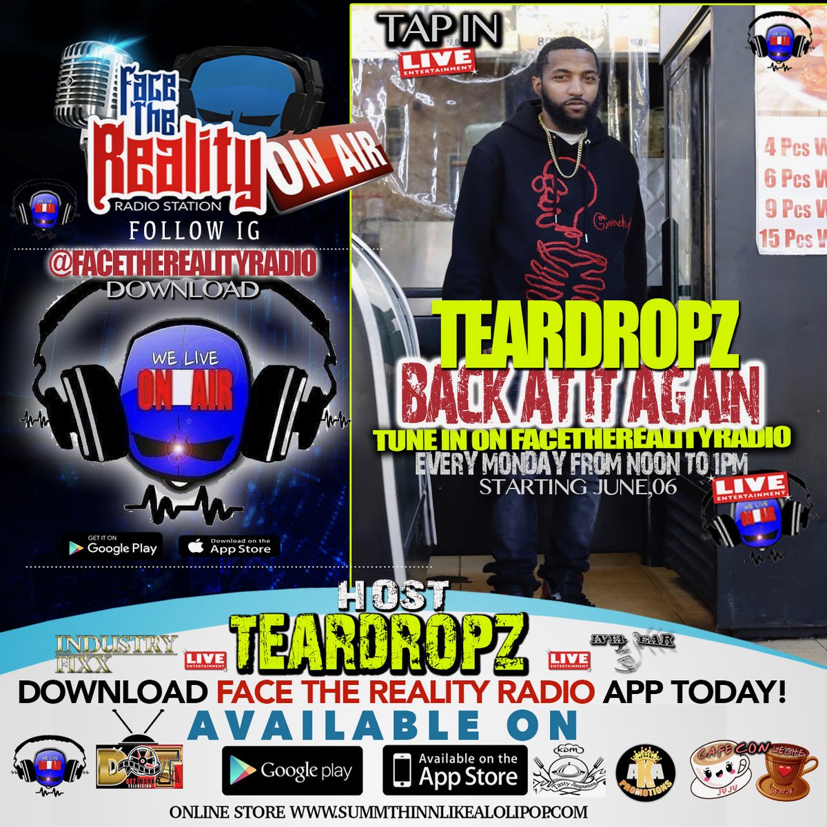 #TuneN STARTING JUNE our 6nd RADIO STATION.
Facetherealityradio w/ Guest: TEARDROPZ
Mon 12pm-1am
#TearDropz #InYaEar  #FaceTheRealityRadio #IndustryFixx
STREAM LIVE
cast4.citrus3.com:2199/start/facether…