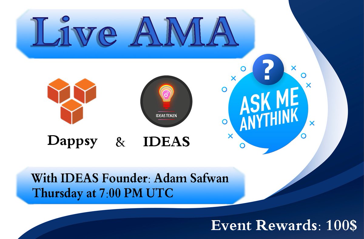 IDEAS_TheToken's tweet photo. We're happy to announce that today at 7:00 PM UTC we're having an AMA with the great project @itsdappsy
We'll be joining their telegram channel for that purpose.
Be sure to join us!
#IDEAS #Dappsy #AMA #Crypto #DeFi $IDS #ideastoken https://t.co/zvmqtOSRz5