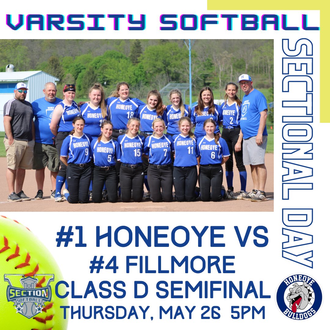BulldogAthleticDept (@honeoyesports) on Twitter photo It’s SECTIONAL SEMIFINAL DAY for the <a href="/SoftballHcs/">HCS Varsity Softball</a> as they take on #4 <a href="/FillmoreEagles/">Fillmore Central School District</a> tonight at The Pound in the Class D Semifinals at 5pm. Please note that there will be a Section V ticket price of $5 per person for all attending the game. #LetsGoBulldogs <a href="/SecVSoftball/">Section V Softball</a> It’s SECTIONAL SEMIFINAL DAY for the <a href="/SoftballHcs/">HCS Varsity Softball</a> as they take on #4 <a href="/FillmoreEagles/">Fillmore Central School District</a> tonight at The Pound in the Class D Semifinals at 5pm. Please note that there will be a Section V ticket price of $5 per person for all attending the game. #LetsGoBulldogs <a href="/SecVSoftball/">Section V Softball</a>