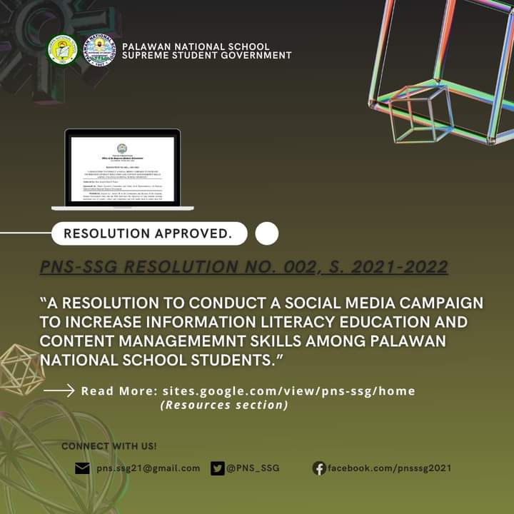 PNS_SSG's tweet photo. ✅RESOLUTION APPROVED 
PNS-SSG Resolution No. 002, s. 2021-2022, entitled, “A RESOLUTION TO CONDUCT A SOCIAL MEDIA CAMPAIGN TO INCREASE INFORMATION LITERACY EDUCATION AND CONTENT MANAGEMENT SKILLS AMONG PALAWAN NATIONAL SCHOOL STUDENTS” has been approved and is now in effect for- https://t.co/UON96bapHZ