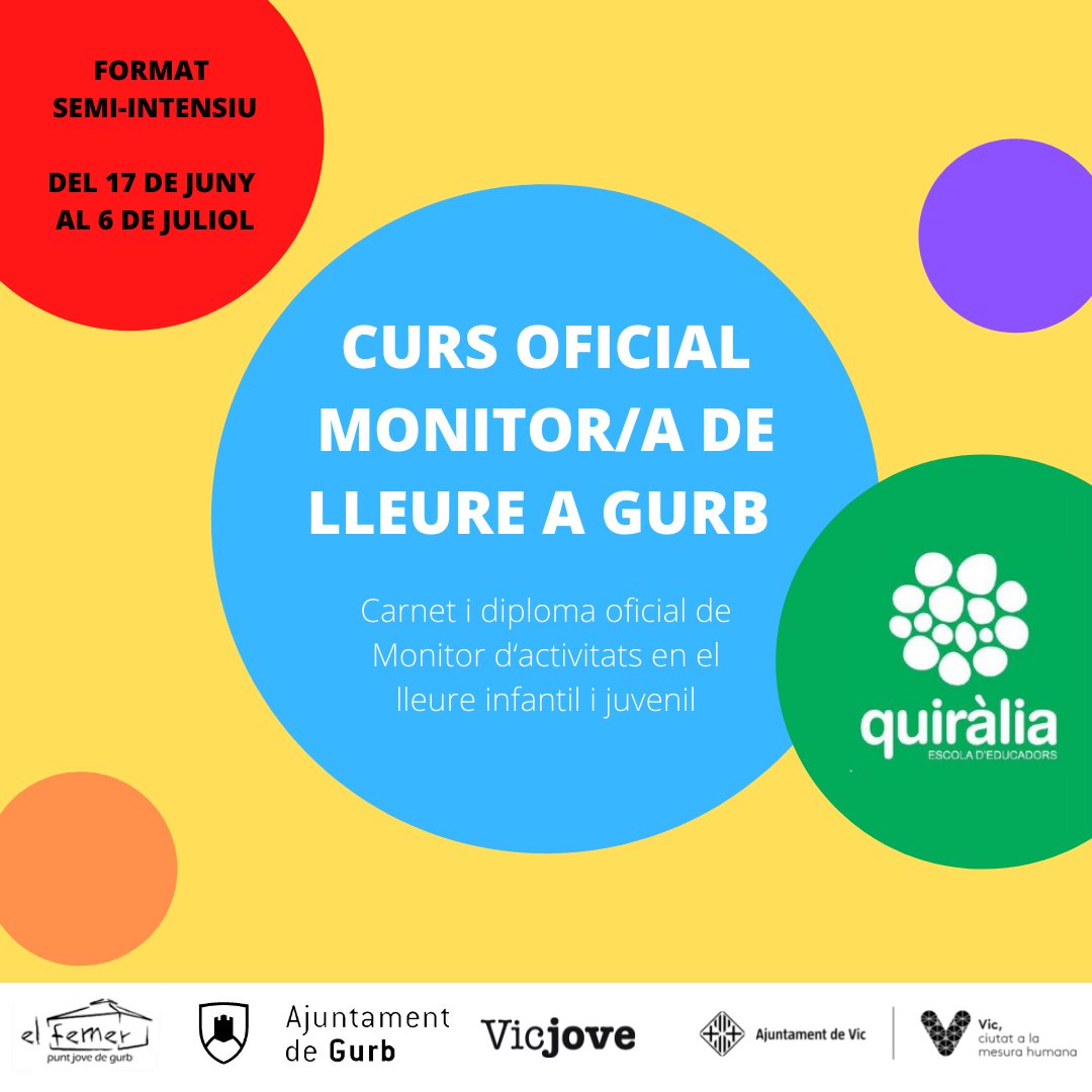 vicjove's tweet photo. 🌞Recorda! que si vols treure't el carnet de monitor/a de lleure, ara tens una nova oportunitat!

🗓️Semi-intensiu del 17 de juny al 6 de juliol.

🫰 El curs no és gratuït però està subvencionat!  

ℹ️ +info al #Elfemer de 
@AjuntamentGurb i al @Vicjove

📲https://t.co/lF3ZqanhAh https://t.co/JYaDBbChw3