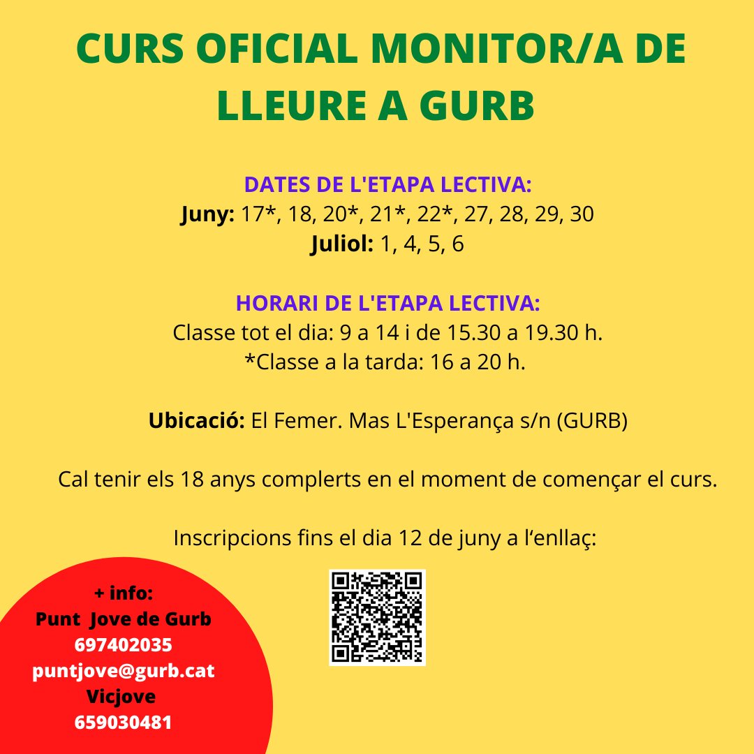 🌞Recorda! que si vols treure't el carnet de monitor/a de lleure, ara tens una nova oportunitat!

🗓️Semi-intensiu del 17 de juny al 6 de juliol.

🫰 El curs no és gratuït però està subvencionat!  

ℹ️ +info al #Elfemer de 
<a href="/AjuntamentGurb/">Ajuntament de Gurb</a> i al <a href="/Vicjove/">Vicjove</a>

📲bit.ly/38ECXIl