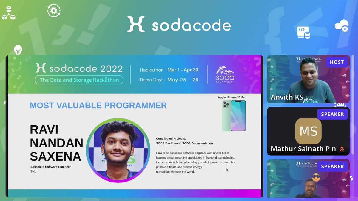 sodafoundation's tweet photo. The most exciting moment has come!
We are thrilled to announce the Most Valuable Programmer of #sodacode 2022
Congrats on Ravi Nanda Saxena's incredible achievement! 🏆🥳🎉👏
Hear from the Champion about how he contributed and made it a big success!
https://t.co/OHsllFcVL2 https://t.co/CNHnrsil96