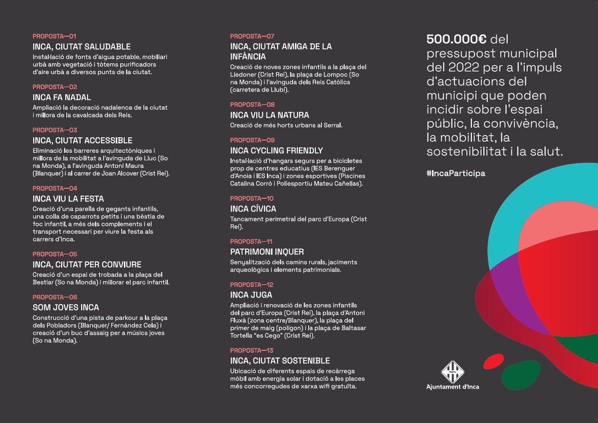 incaciutat's tweet photo. Donam el sus a la primera campanya de pressuposts participatius d'Inca! 500.000€ per inversions participatives amb la finalitat que pugueu decidir sobre els projectes que es possen en marxa. 

Tu decideixes! ℹ️ Consulta les propostes i vota 👉https://t.co/ps2DavYRL5 https://t.co/Po7nBRUgFa