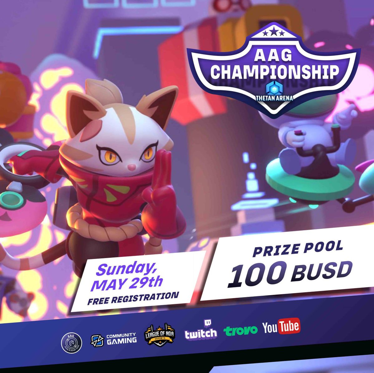 1/2🏆We have fantastic news for all Thetan Arena competitors 🏆!
This Sunday May 29th we will be holding a Thetan Arena tournament with the support of Community gaming for 100 USDC 😱.