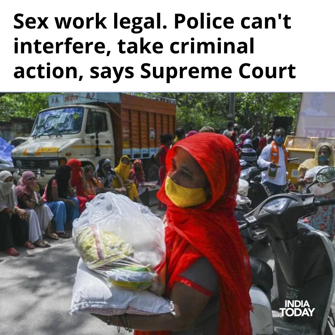 IndiaToday's tweet photo. Supreme Court has ruled that prostitution is a legal profession and sex workers must be treated with dignity

Read more: https://t.co/hPDvWSonwd | @sardakanu_law 

#ITCard #SupremeCourt #Prostitution #LegalProfession https://t.co/4LZBAyk27f
