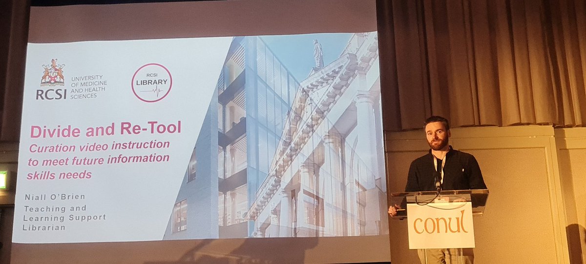 CONULconf's tweet photo. Niall O'Brien @RCSILibrary explaining how his team have been sharing, and creating information skills instructional content via the @RCSILibrary video streaming platform Panopto, and the importance of using the VLE to re-tool and adapt content.

@CONULconf #CONUL2022 https://t.co/DyFZesL9ew