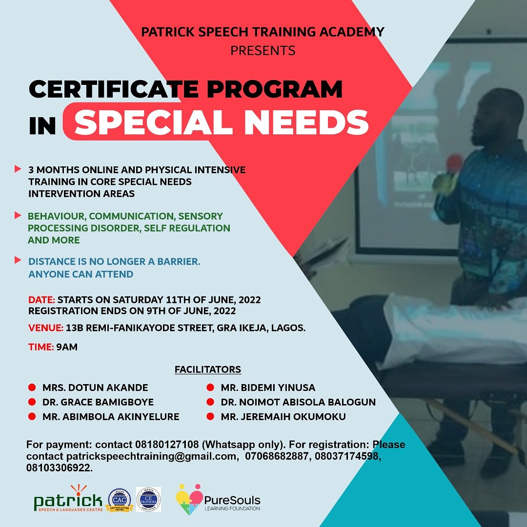 patrick_speech's tweet photo. Have you registered for the next batch of our 3months certificate program in Special Needs?
Hurry-up and register today !
Registration Ends on the 9th of June 2022,
Lecture starts on Saturday 11th of June 2022.
understandingautism #autismlife #autismstruggles #autismmath https://t.co/dDl0iUbusY