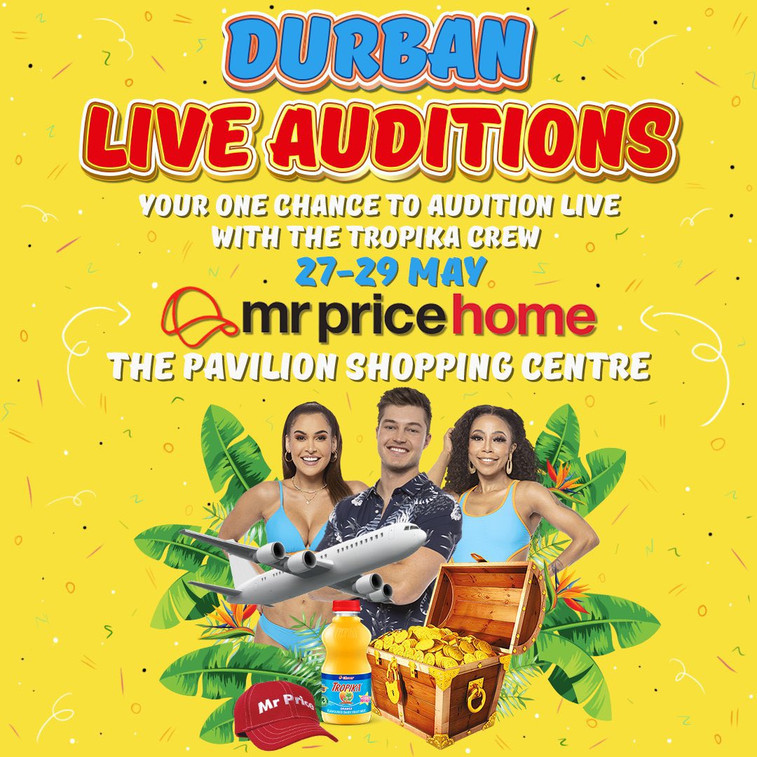 Durban peeps it’s your time to shine! if you want to be part of the #Tropika crew make sure you go audition on the 27 - 29th of May at <a href="/MrPriceHome/">Mr Price Home</a> at The pavilion shopping centre. Make sure you don’t miss out and best of luck guys 🔥