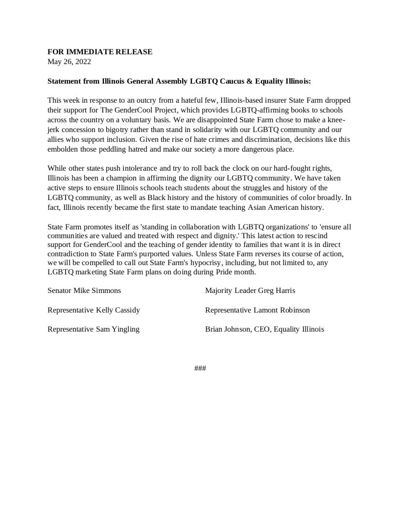 repgregharris's tweet photo. Statement from IL Legislative LGBTQ caucus and @EqualityILL on State Farm Insurance dropping support for @GenderCool after more right-wing hate attacks on the Trans community. In Illinois we stand strongly with our Trans neighbors and against book bans and silencing our voices https://t.co/I62x9op3DX