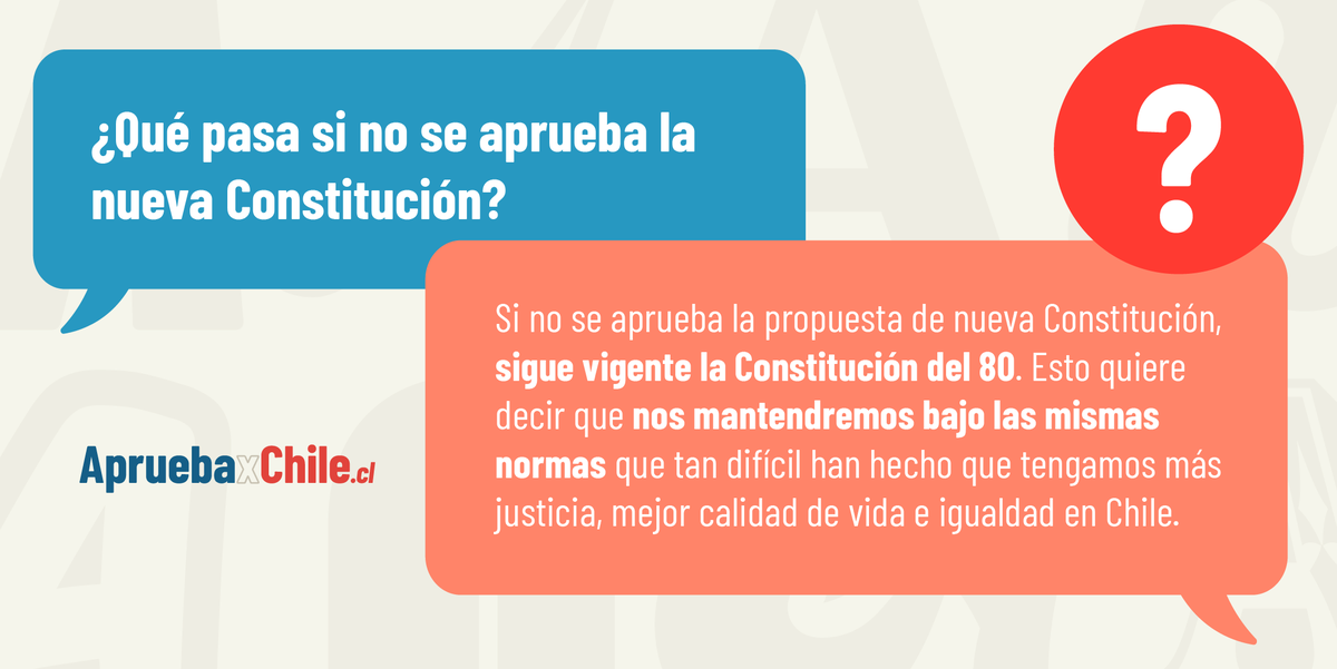 ApruebaxChile's tweet photo. 👀 Hace algunos días nos enviaron esta pregunta:  
¿Qué pasa si no se aprueba la nueva Constitución? 
Aquí respondemos👇
#ApruebaxChile https://t.co/E9xOIZfOHQ