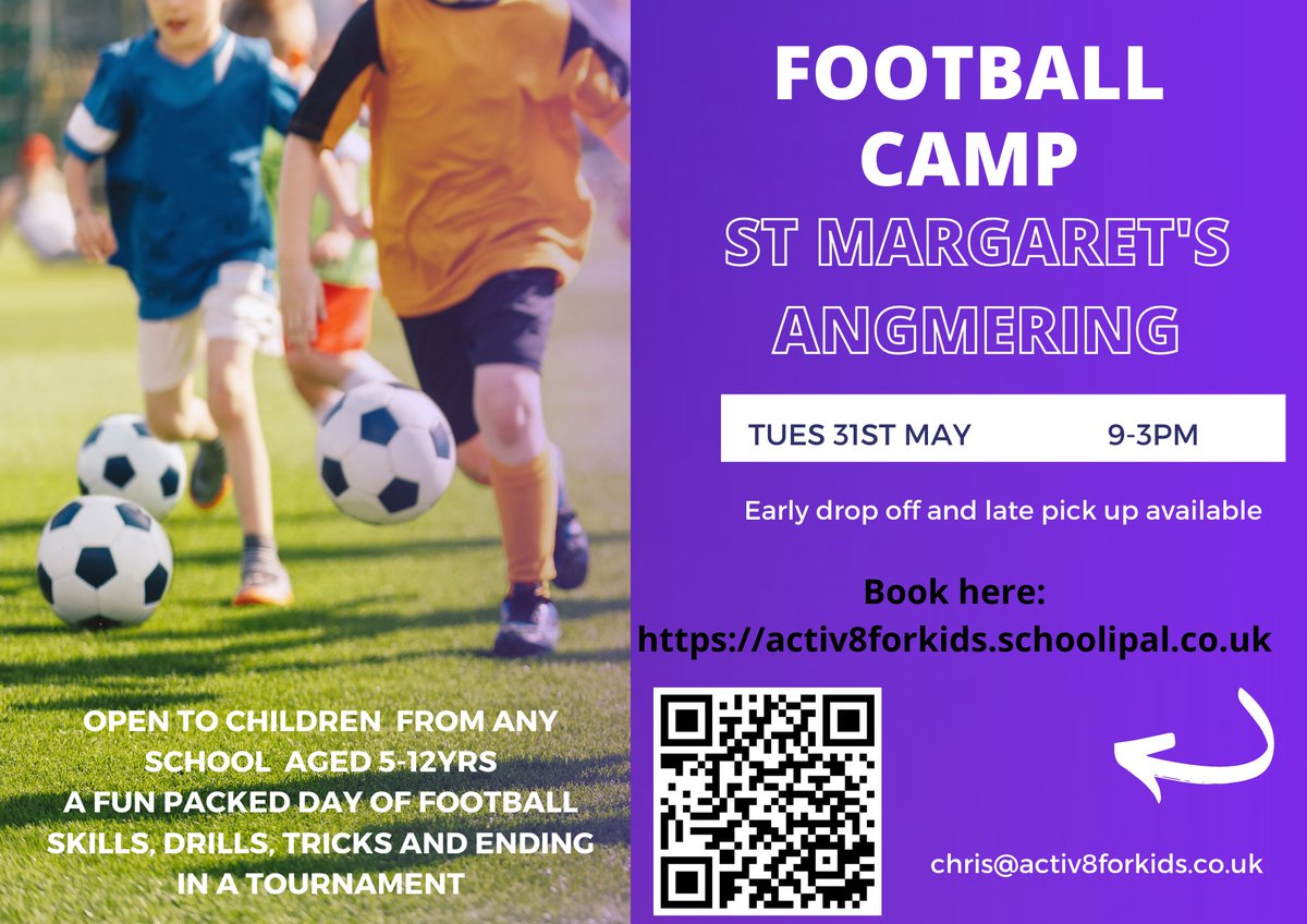 Interested in finding some activities for your children over half term? Activ8 have a holiday club Monday, Tuesday and Wednesday as well as a Football camp on Tuesday 31st! Sign up online here, or contact Debbie directly 
activ8forkids.schoolipal.co.uk