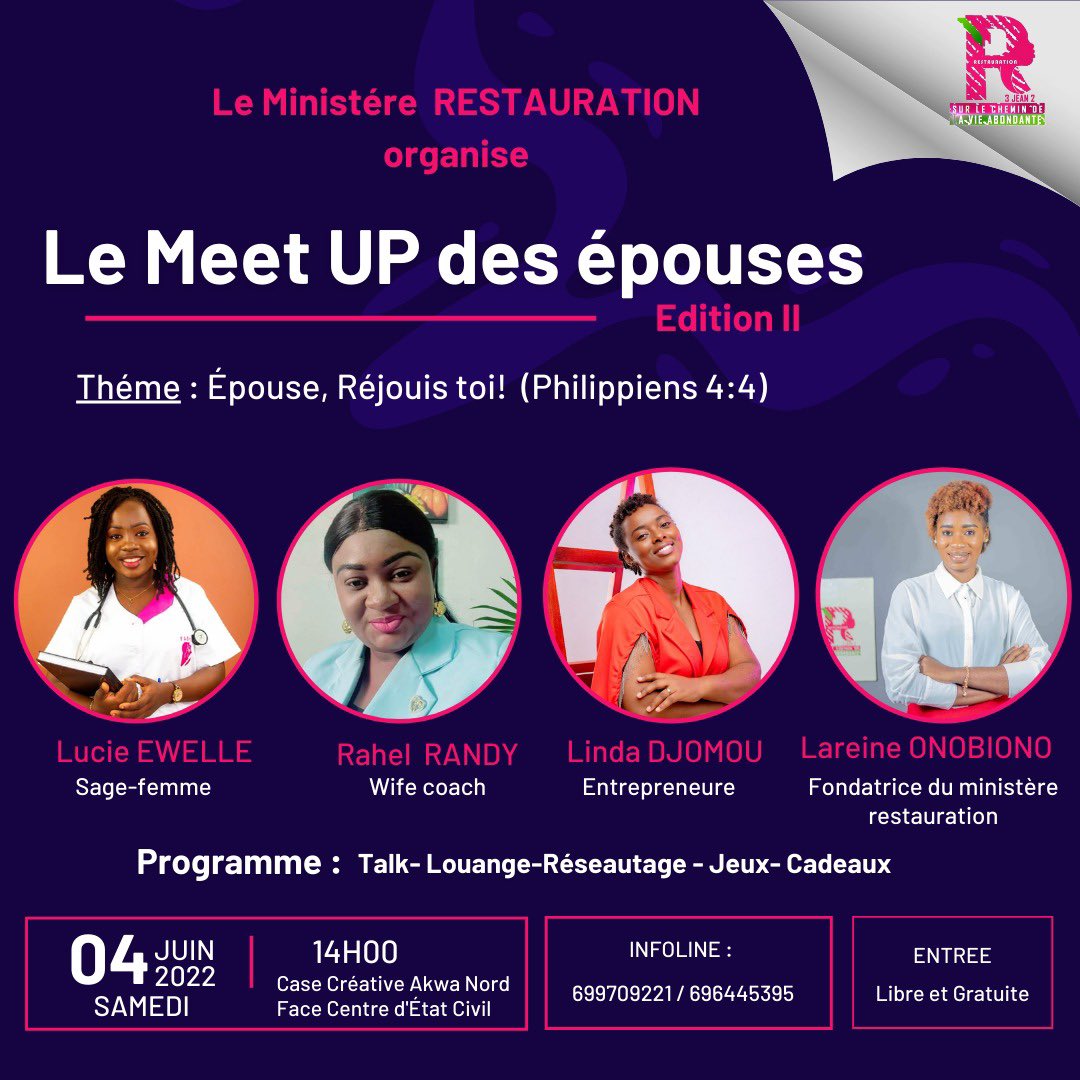ActuEvent2Fifi's tweet photo. #MeetUpDesEpouses 📌
💡Thème : Épouse, réjouis-toi
📯 Au programme :
➖ Talk
➖ Lounge
➖ Réseautage
➖Jeux & cadeaux
🗓 04 Juin
⌚️ 14h
💰 Entrée libre
⛳️ Akwa Nord, Case créative face État Civil
☎️ +237 699.70.92.21
#ActuEvent2Fifi #Epouses #EventPlanner https://t.co/CtHOuVyVIJ