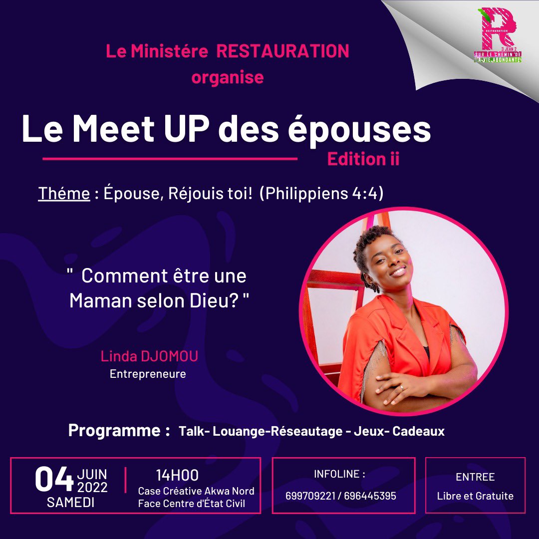 ActuEvent2Fifi's tweet photo. #MeetUpDesEpouses 📌
💡Thème : Épouse, réjouis-toi
📯 Au programme :
➖ Talk
➖ Lounge
➖ Réseautage
➖Jeux & cadeaux
🗓 04 Juin
⌚️ 14h
💰 Entrée libre
⛳️ Akwa Nord, Case créative face État Civil
☎️ +237 699.70.92.21
#ActuEvent2Fifi #Epouses #EventPlanner https://t.co/CtHOuVyVIJ