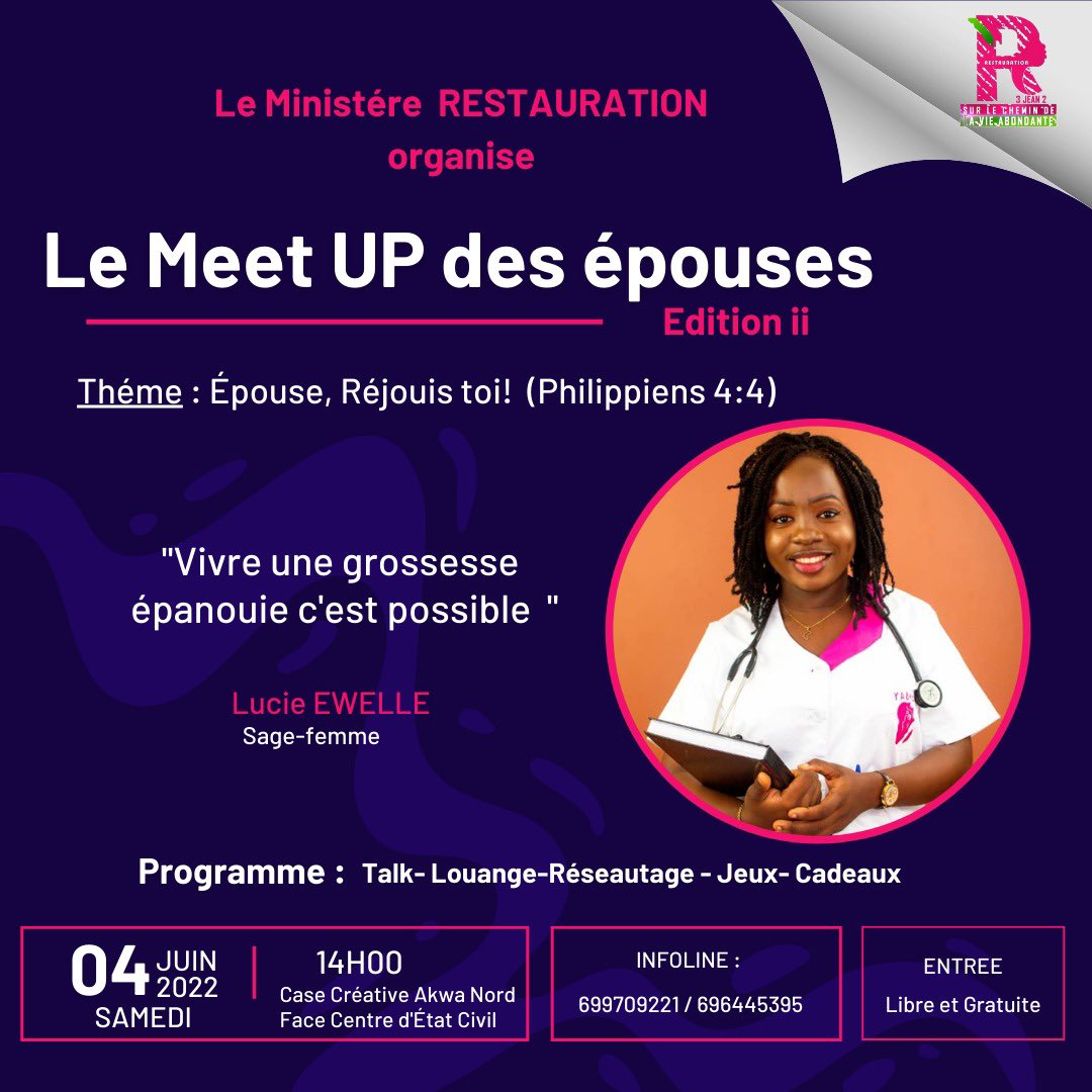 ActuEvent2Fifi's tweet photo. #MeetUpDesEpouses 📌
💡Thème : Épouse, réjouis-toi
📯 Au programme :
➖ Talk
➖ Lounge
➖ Réseautage
➖Jeux & cadeaux
🗓 04 Juin
⌚️ 14h
💰 Entrée libre
⛳️ Akwa Nord, Case créative face État Civil
☎️ +237 699.70.92.21
#ActuEvent2Fifi #Epouses #EventPlanner https://t.co/CtHOuVyVIJ
