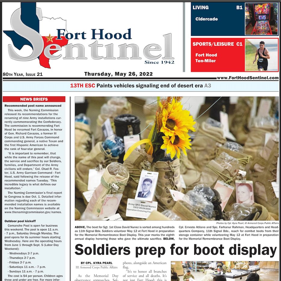 forthoodarmy's tweet photo. This week, #FortHood honors the fallen with its annual boot display throughout Memorial Day weekend. Read all about it, and much more, in this week's Sentinel.
https://t.co/NrdqajmvAv 
#StandingWatchSince1942 https://t.co/2aKhL8dLMK