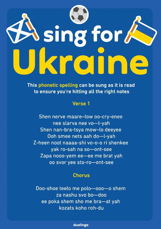 ZoryaLondonsk's tweet photo. So this is the leaflet Scotland fans will get ahead of entering Hampden Park next week 😅🏴󠁧󠁢󠁳󠁣󠁴󠁿🇺🇦

So far, not seen much public receptiveness to this idea (which has been thought up by one of thematch sponsors Duolingo) https://t.co/TasQbKTWbt