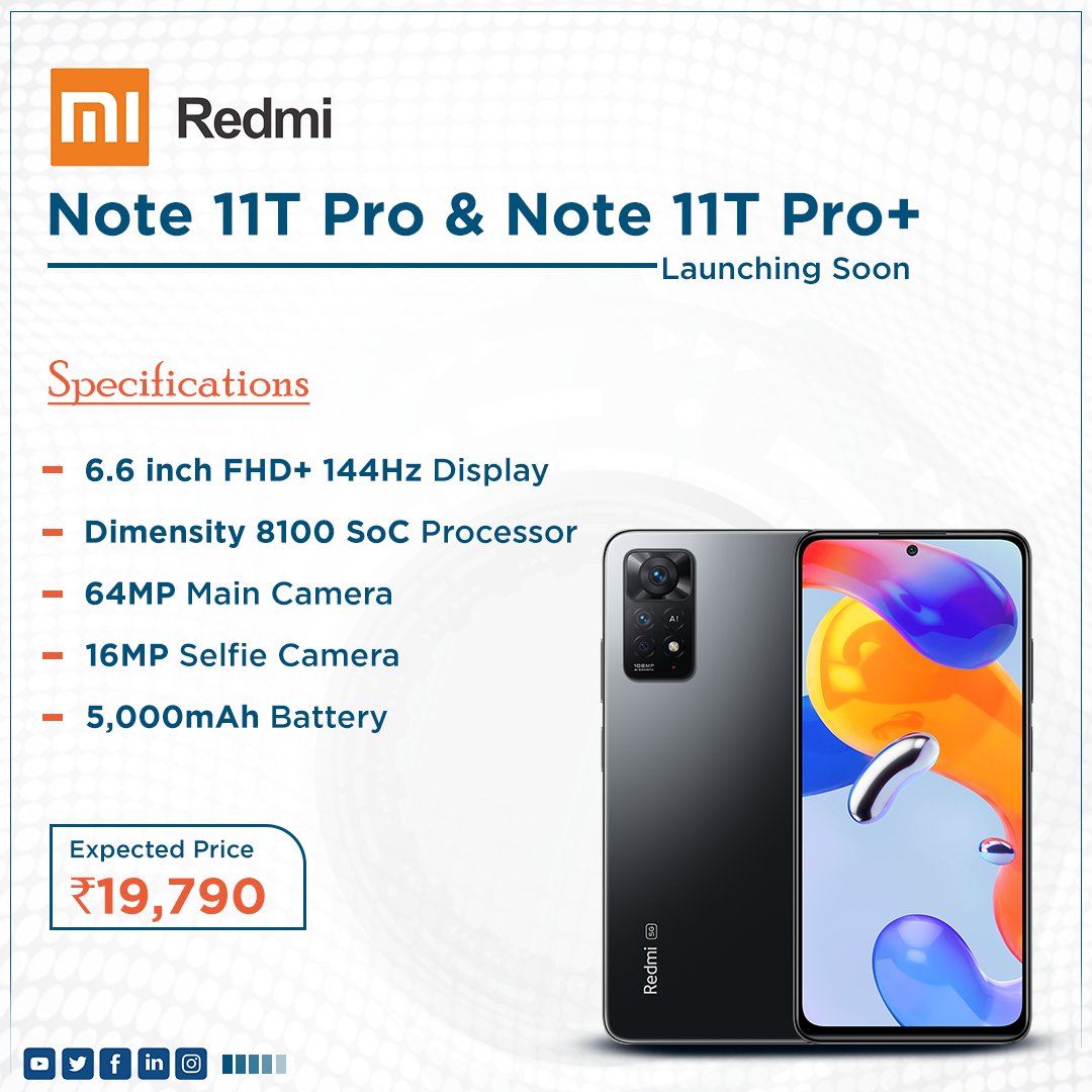GizNext's tweet photo. Redmi is all set to launch its Note 11T Pro and Note 11T Pro Plus very soon in India. 
Are you ready for the new redmi launch in India?
@XiaomiIndia 

#redmi #redmiindia #newlaunch #newlaunchalert #launchingsoon #latestlaunch #launches #note11tpro #note11tproplus #Smartphones https://t.co/y3Jyp1KbUA