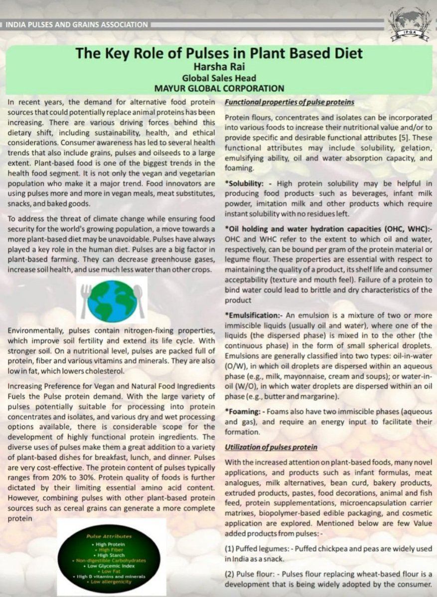harsharai009's tweet photo. My Article on "Key role of #pulses in #plantbased diet" in latest edition of Indian Pulses &amp; Grain Association pulse #magazine.

#lentils #urad #toor #chana #kabuli #agriculture #mungbeans #beans  #mayurglobalcorporation #protein #nutrition #healthy https://t.co/0DwBZ7SHhq