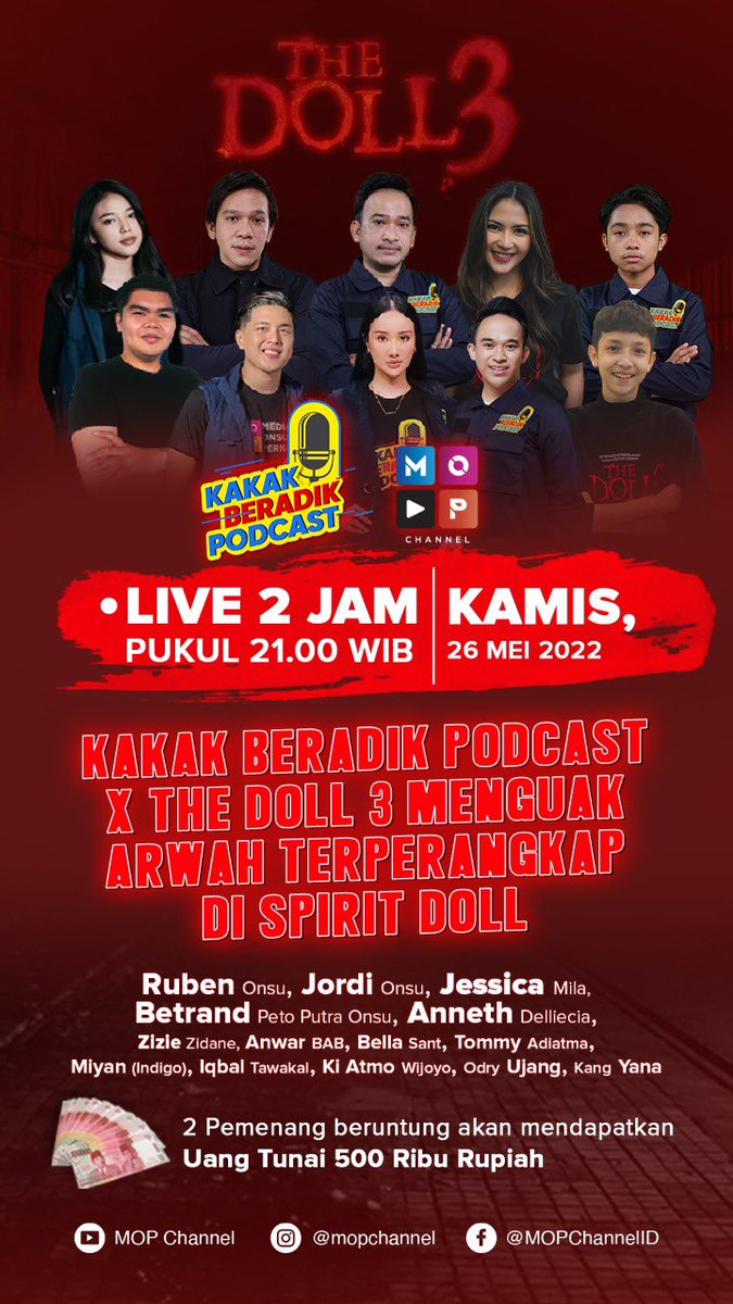 Hitmaker Studios (@hitmakestudios) on Twitter photo Malam ini <a href="/Jscmila/">Jessica Mila Agnesia</a> dan Zidane akan live di Kakak Beradik Podcast, MOP Channel untuk menguak kisah arwah yang tersesat di spirit doll. Ada yang penasaran gak sih kalau Boneka Bobby ini ada โpenunggunyaโ atau nggak ya? ๐ค
Stay tuned ya!
#TheDoll3 #FilmTheDoll3 #HitmakerStudios Malam ini <a href="/Jscmila/">Jessica Mila Agnesia</a> dan Zidane akan live di Kakak Beradik Podcast, MOP Channel untuk menguak kisah arwah yang tersesat di spirit doll. Ada yang penasaran gak sih kalau Boneka Bobby ini ada โpenunggunyaโ atau nggak ya? ๐ค
Stay tuned ya!
#TheDoll3 #FilmTheDoll3 #HitmakerStudios