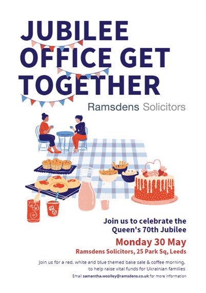 Sam_Woolley1's tweet photo. Join us on Monday for our Jubilee office bake sale &amp; coffee morning to raise funds for Ukraine.
 
We are looking forward to welcoming colleagues and friends from 12-2pm at our Leeds Park Square Office.
 
We hope to see you there! https://t.co/8CKLMkFzDh