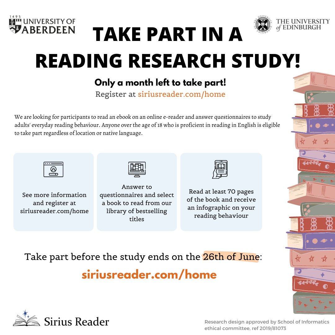 EReaderStudy's tweet image. Read an ebook and contribute to science!
We are looking for adults to take part in a study on fiction reading behaviour.
Hurry, the study ends on the 26th of June!
See more information and participate: siriusreader.com/home