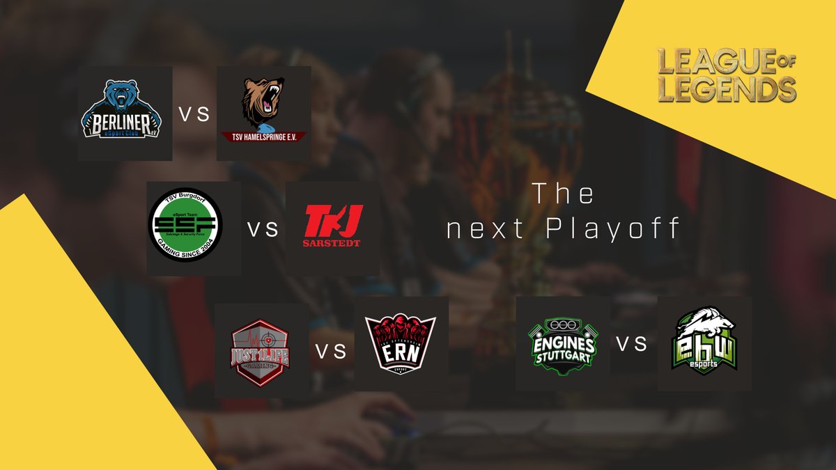 Diesen Samstag geht es weiter mit den nächsten Playoffs: 

<a href="/berlinesports/">1. Berliner eSport-Club</a>  🆚 <a href="/TSV_eSport/">TSV Hamelspringe eSport</a> 
<a href="/TSVBurgdorf_SSF/">TSV Burgdorf E-Sport</a>  🆚 <a href="/tkjsarstedt/">esport.tkjsarstedt</a> 
<a href="/Just1LifeGaming/">Just1Life Gaming e.V.</a>   🆚 <a href="/esportrn_/">eSport Rhein-Neckar (eSportRN)</a> 
<a href="/engines_stgt/">Engines Stuttgart e.V.</a>   🆚 <a href="/EbwEsports/">ebw.esports e.V.</a> 

#EBSD #ESBDVPLOL #Breitensport