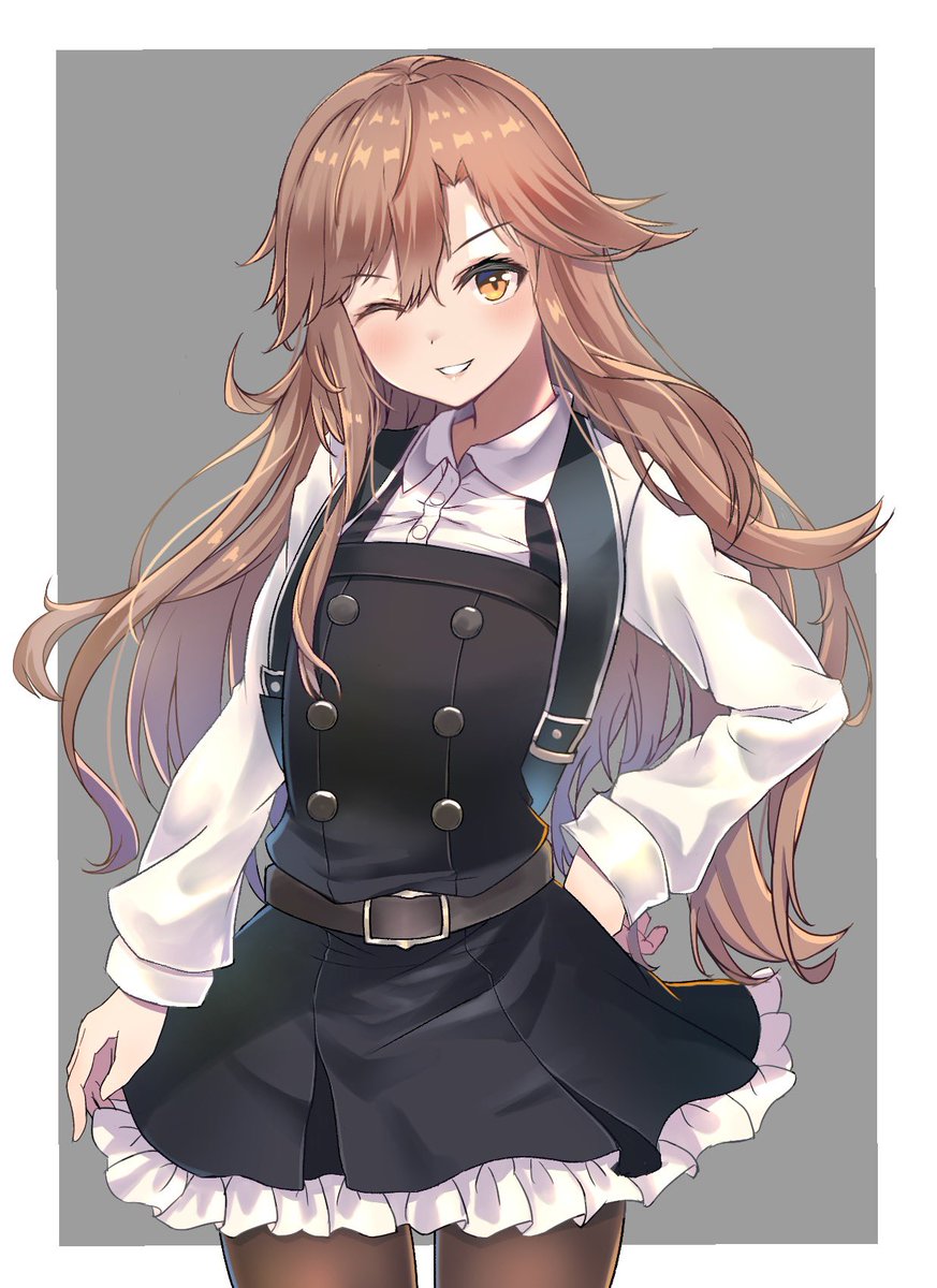 arashio (kancolle) 1girl one eye closed pinafore dress long hair solo dress brown hair  illustration images