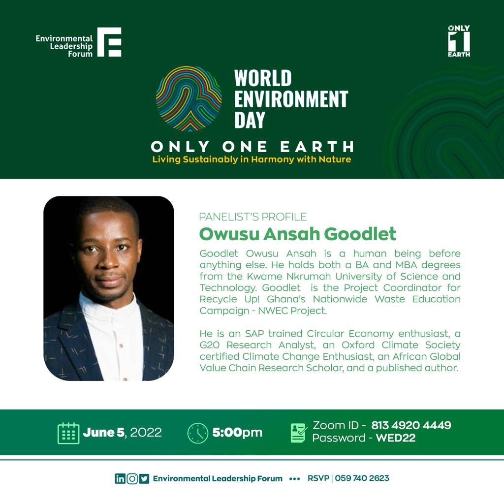 elf_ghana's tweet photo. We are so excited to have Goodlet Owusu Ansah joining us to share his views as a Panelist at our World Environment Day event. 

Learn more about Goodlet and his amazing work via LinkedIn 
https://t.co/554hLxz7xT

#WorldEnvironmentDay #OnlyOneEarth #EnvironmentalLeadershipForum https://t.co/d6oVLa8vyq