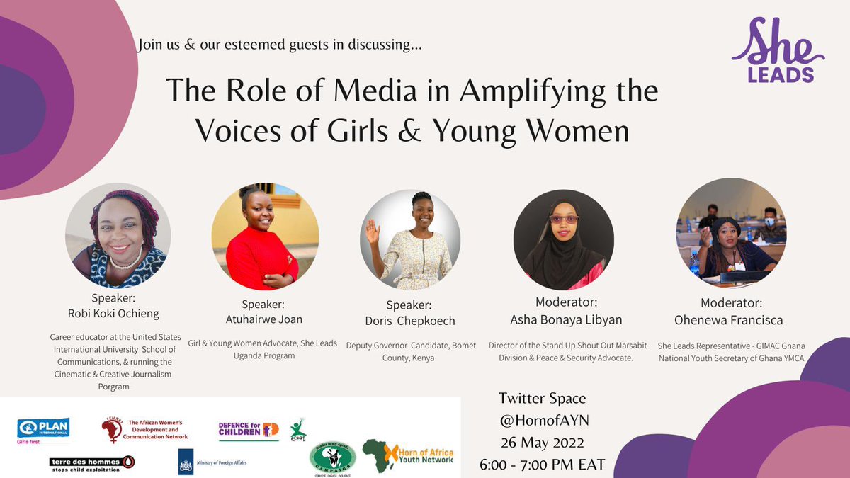 Media continues to play a significant role in shaping the conversations around gender equality in the continent. Join us at 6PM EAT as we speak about the role of media in amplifying girls & womens voices. #SheLeads @HornofAYN @PlanAULiaison @FemnetProg @ECPAT