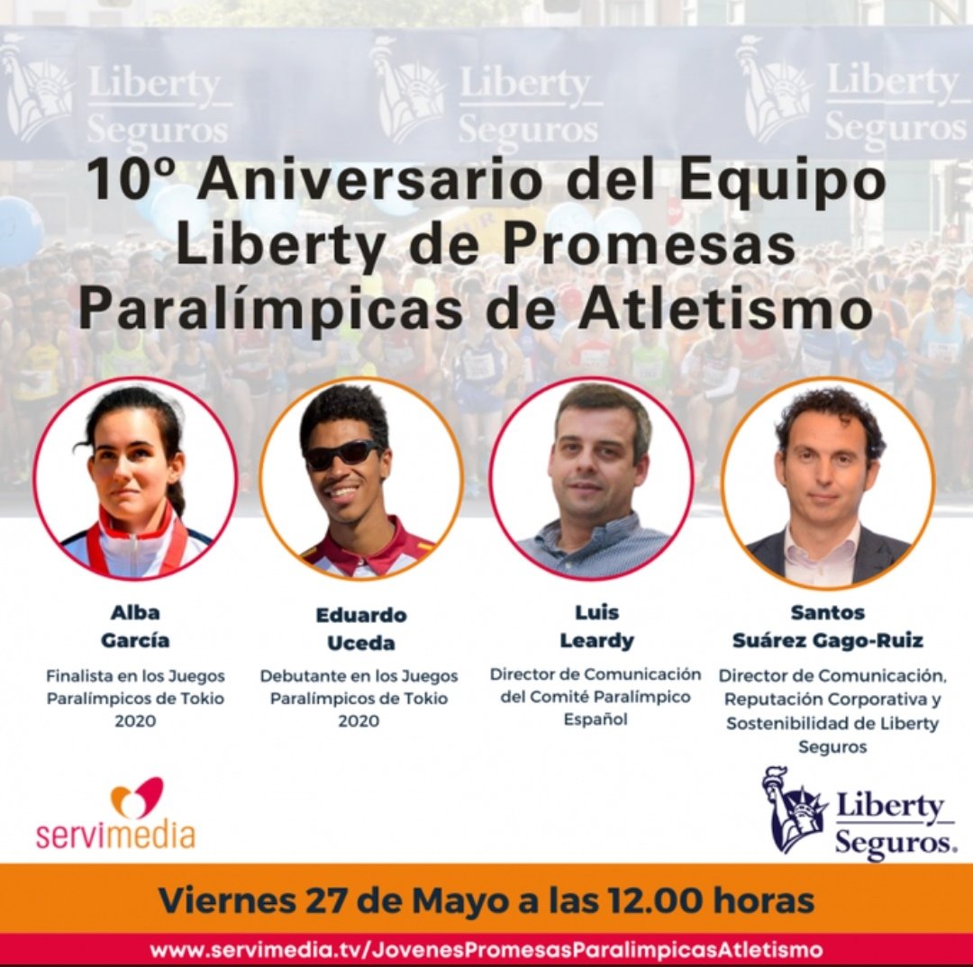Paralimpicos's tweet photo. Mañana tenemos una cita.
@GrupoLiberty_es conmemora el 10º aniversario del Equipo de Promesas Paralímpicas de Atletismo con un directo junto a @Servimedia. Con los atletas @alba_16_02 y Eduardo Uceda y los directivos Luis Leardy (CPE) y Santos Suárez (Liberty). 
#MovedByValues https://t.co/z9j9oyJ2vp