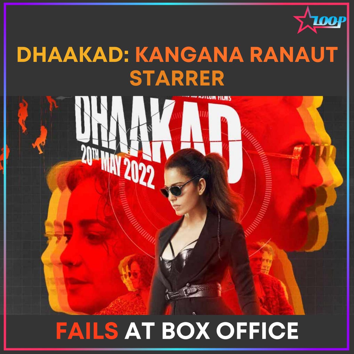 _starloop_'s tweet image. Another flop for Kangana. With its opening day earnings less than ₹1 crore, reports says that film is being taken down in theatres due to a lack of interest from the audience. 
#dhaakad #kanganaranaut #kangana #divyadutta #arjunrampal #bollywood #boxoffice #flop
