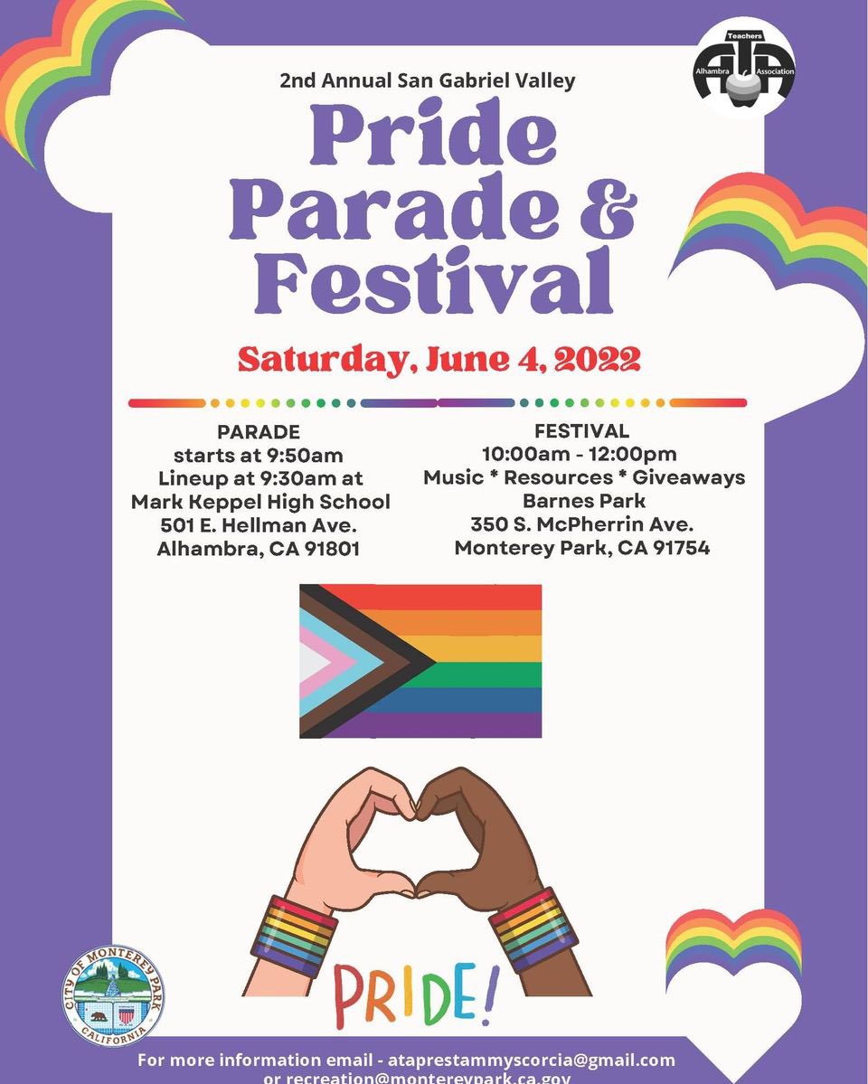 alhambrausd's tweet photo. Please join us for #AlhambraTeachersAssociation + City of #MontereyPark
2nd Annual #SGV
Pride Parade & Festival 🏳️🌈
❤️🧡💛💚💙💜
Saturday, June 4th
PARADE: 9:30am-10:00am
@MarkKeppelHigh
FESTIVAL: 10:00am-12:00pm
#BarnesPark @CityofMPK
Music 🎶 Giveaways 🎈Resources https://t.co/4vp7WJOQdm