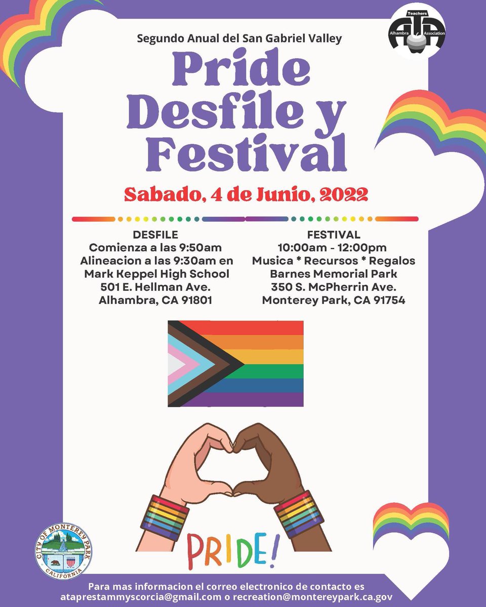 alhambrausd's tweet photo. Please join us for #AlhambraTeachersAssociation + City of #MontereyPark
2nd Annual #SGV
Pride Parade & Festival 🏳️🌈
❤️🧡💛💚💙💜
Saturday, June 4th
PARADE: 9:30am-10:00am
@MarkKeppelHigh
FESTIVAL: 10:00am-12:00pm
#BarnesPark @CityofMPK
Music 🎶 Giveaways 🎈Resources https://t.co/4vp7WJOQdm