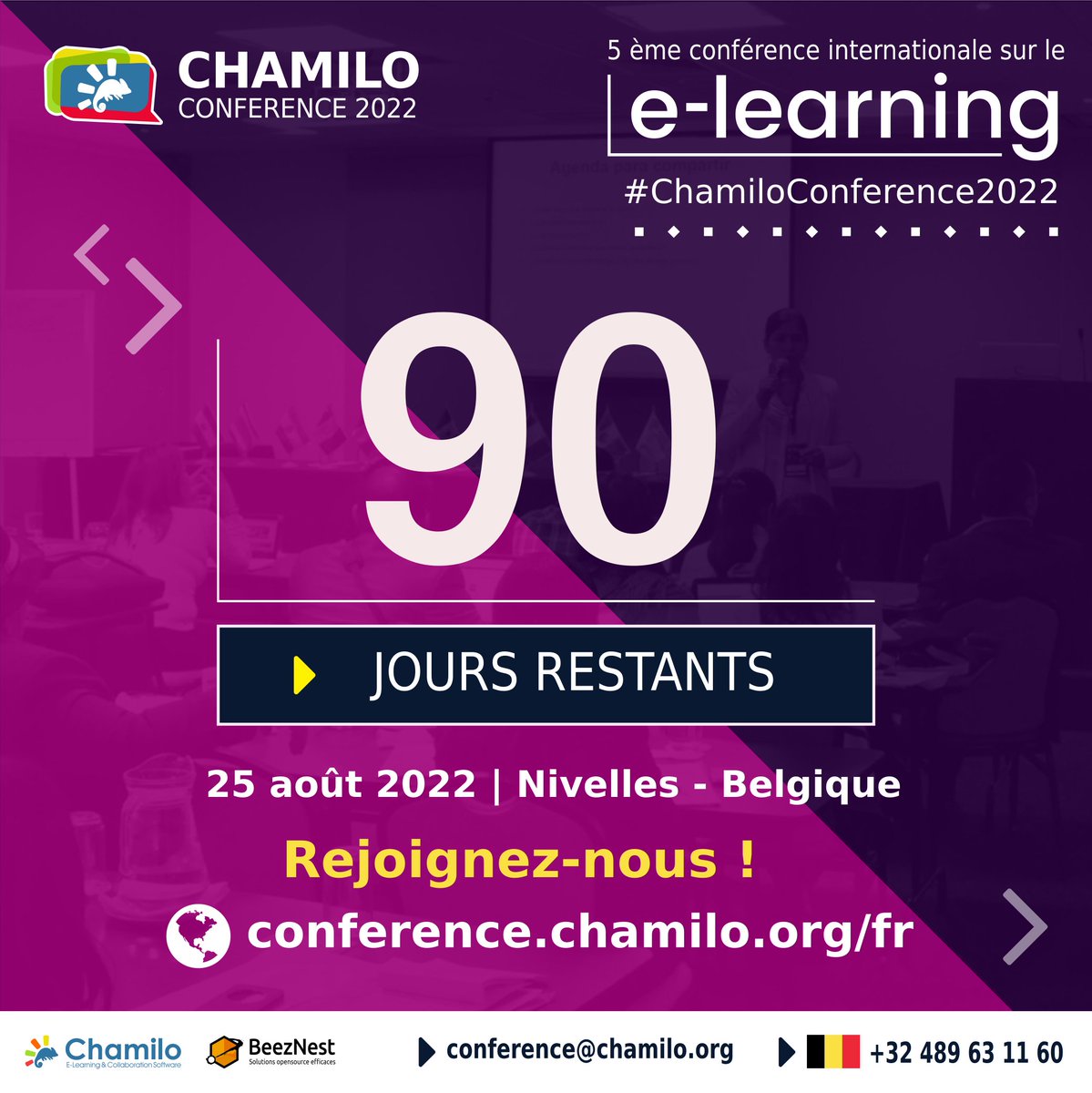 🔴 Vous êtes un professionnel de la formation en ligne ? ❤️ Rejoignez-nous pour une journée unique le 25 août 2022 ! 👉 conference.chamilo.org/fr/tickets 🔴 5ème conférence internationale sur le e-learning à Nivelles en #Belgique . #chamiloconference2022  
<a href="/VilledeNIVELLES/">Ville de Nivelles</a> <a href="/LeBrabantwallon/">Brabant wallon</a>