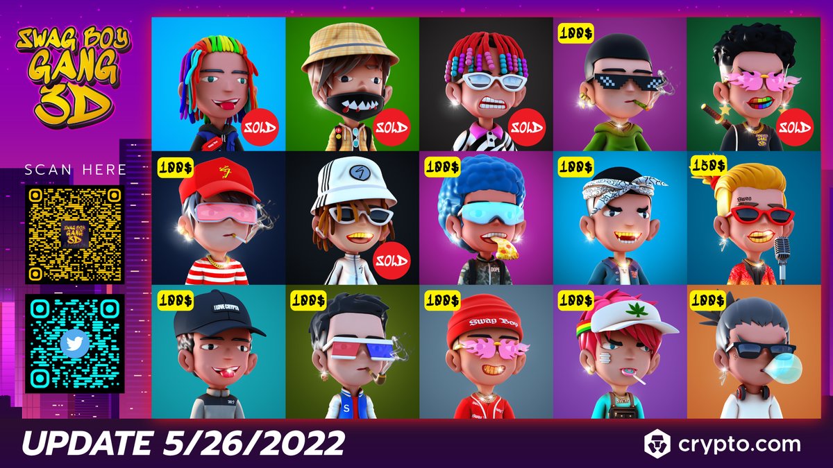 🔥SWAG BOY GANG 3D🔥
📌Update Sale 5/26/2022
✅Common 100$ 5/14
✅Rare 150$ 0/1
.
Get now
crypto.com/nft/collection…
.
❤️Thanks for support.  #SBG3D
#NFT #NFTs #NFTGiveaway #NFTCommunity #CRO #crofamily #NFTThaicommunity #NFTthai #NFTTHAILAND #NFTthaiartist #NFTtrend #NFTdrop