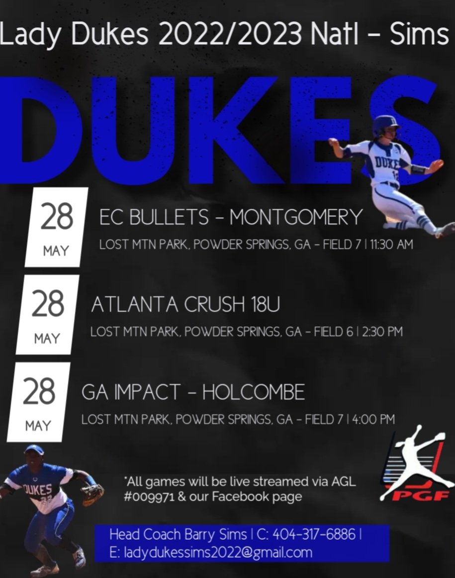 DukesPremier18u's tweet photo. It's that time of year again, the PGF Atlanta Fastpitch Memorial Day Classic‼️3️⃣ days of fun in Powder Springs, GA.🥎 Come support your Lady Dukes! 

Games will be live streamed on AGL - ID009971 &amp; on our Facebook page! #TheBlue💙 https://t.co/Iox0PWJY3B