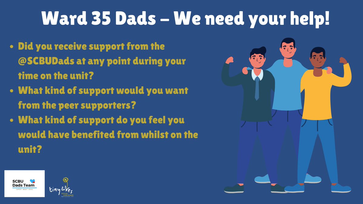 TinyLivesTrust's tweet photo. Ward 35 Dads - We Need Your Help 👨‍👦 
We’re looking for current and former Ward 35 dads to help us gather info about support on the unit. See our image attached for more information - you can reply to us here OR email us at info@tinylives.org.uk.

@SCBUDads https://t.co/zuQb0hrXpS