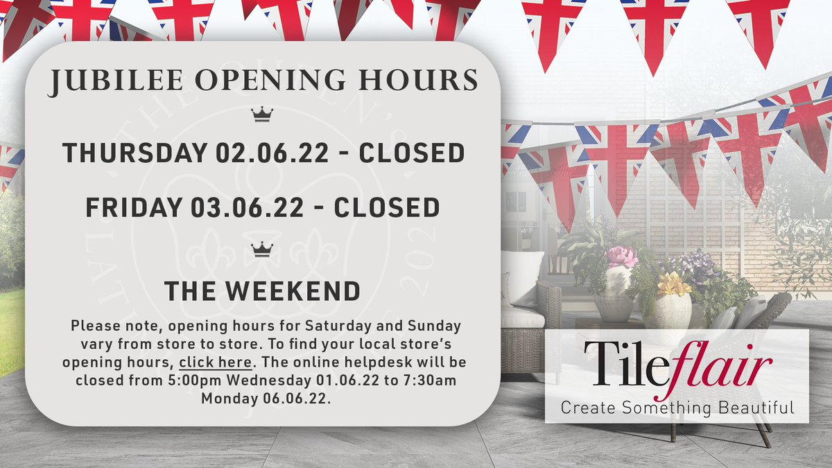 Who's looking forward to the #JubileeWeekend? 😍

If you're looking to use the long weekend for your latest home reno project, check out our store opening hours here: tileflair.co.uk/stores

Don't forget to get in touch by next Thursday with your urgent #tile queries!