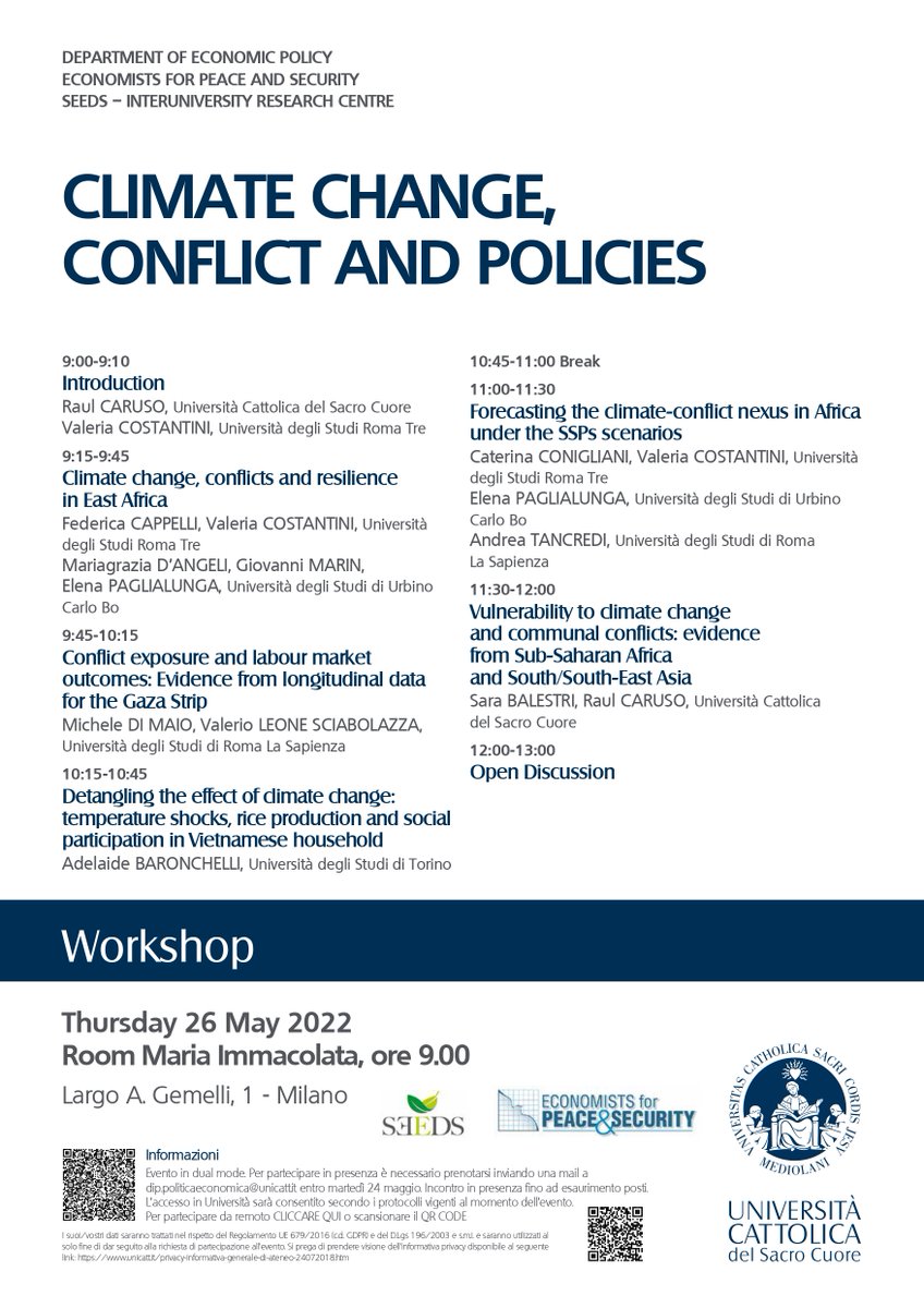 raulcaruso's tweet photo. pics from the workshop #ClimateChange #Conflict and Policies at @Unicatt organized by Department of economic policy,the SEEDS interuniversity center and the Italian chapter of Economists for Peace and Security| #climatechange #peace #conflict #Peacescience #peaceeconomics| https://t.co/BKYddsMhAl