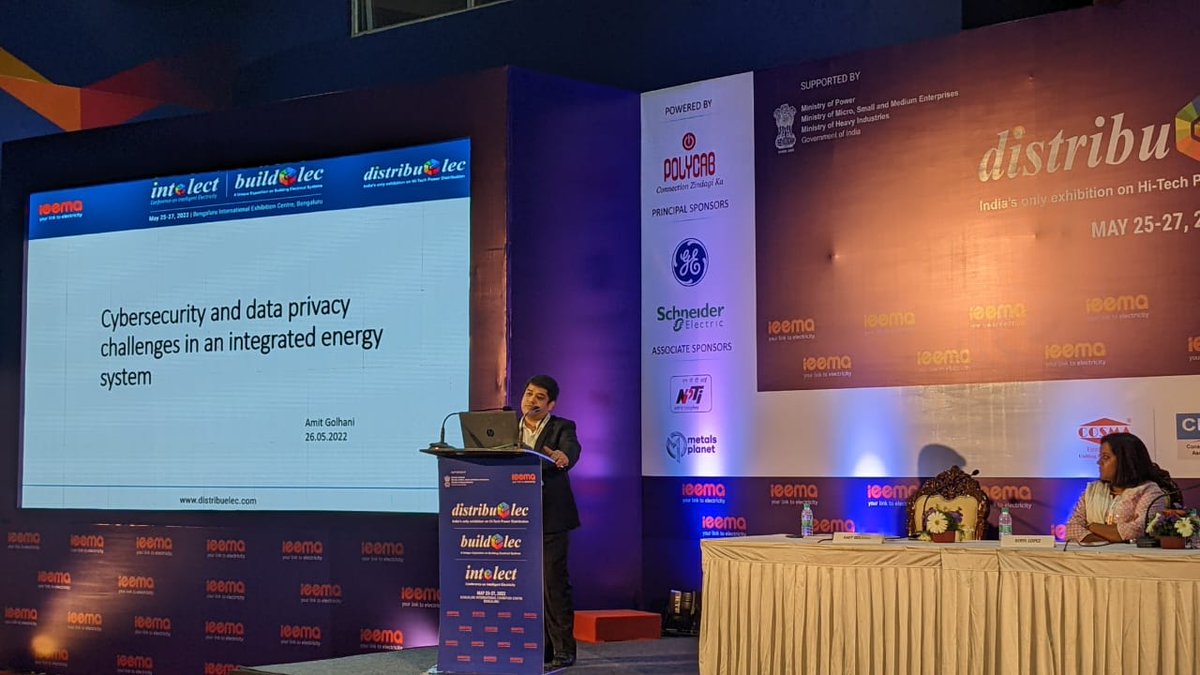 IEEMA_Official's tweet image. Amit Golhani, GM, @SchneiderIndia spoke on #CyberSecurity, its statistics, focus on security standards, guidelines for security control &amp;amp; Data Privacy challenges in an integrated energy system.

#Distribuelec #Buildelec #Bengaluru