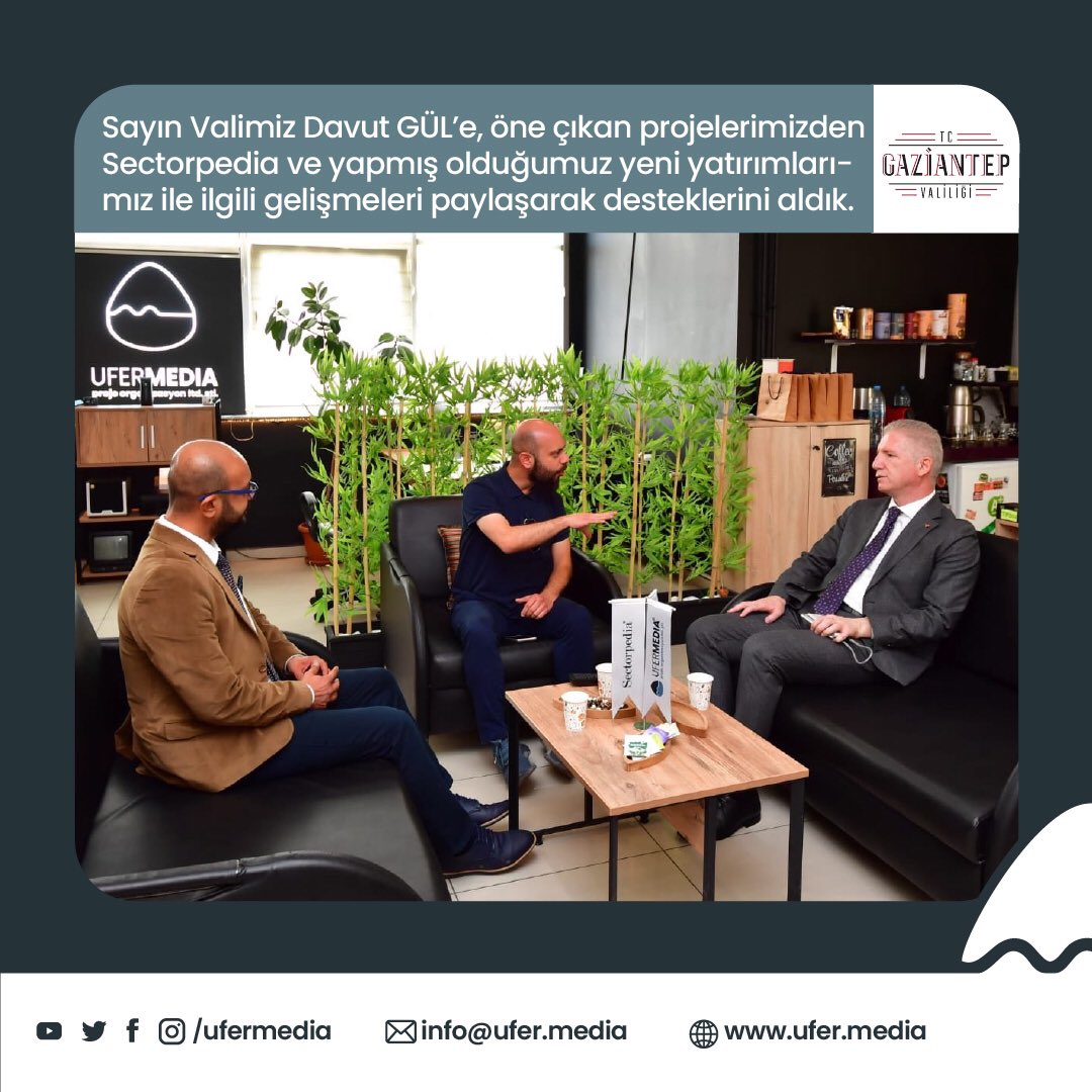 Firmamıza iade-i ziyaret gerçekleştiren Sayın Valimiz Davut GÜL’e öne çıkan projelerimizden Sectorpedia ve yeni yapmış olduğumuz yatırımlarımız ile ilgili gelişmeleri paylaşarak desteklerini aldık. 
.
#ufermedia #sectorpedia #valilik #gaziantepvaliliği #gaziantepvalisidavutgül