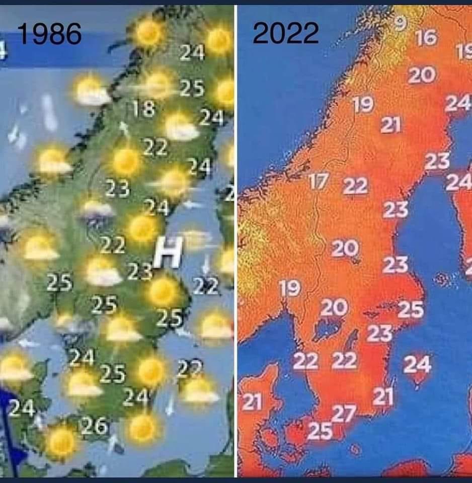 veritebeaute's tweet image. En 1986, cela s'appelait un été normal. Aujourd'hui, ils colorent la carte en rouge et appellent ça une chaleur extrême.