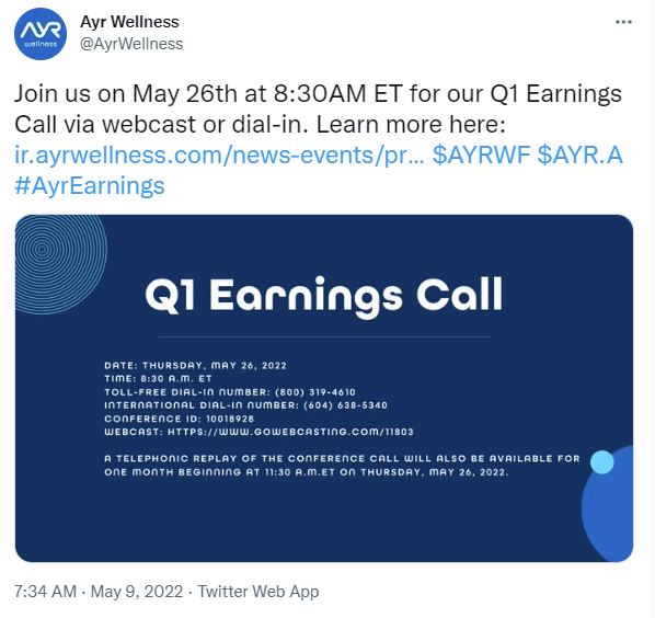 Dr. James V. Baker on Twitter "Ayr Wellness (AYRWF) posted a May 9th