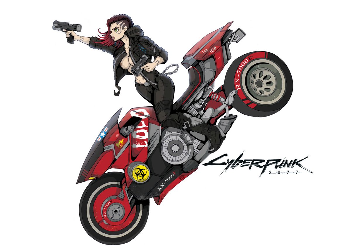 basil_toons's tweet photo. Cyberpunk girl on bike and guns cartoon 
#Cyberpunk2077 
#cyberpunkgirl
#CartoonArt https://t.co/WDQ0Vz4eXi