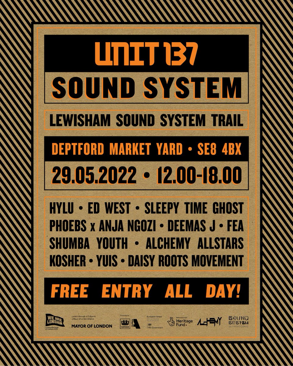 The legendary Lewisham-based Sound System @Unit137 will be playing roots, dub, jungle, dubstep, grime and more in <a href="/DeptfordMktYard/">Deptford Market Yard</a>  this Sunday. 

Grab yourself a drink or some food from one of the friendly vendors in the Market Yard and free music from 12-6. 

<a href="/WeAreLewisham/">WeAreLewisham</a>.