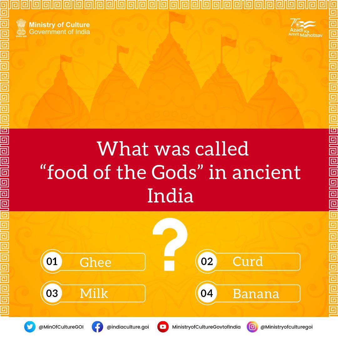 MinOfCultureGoI's tweet photo. In ancient India, this food combined with honey is called ‘food of the Gods’
Can you guess what it is? 
#JaanteHaiTohBataiye https://t.co/D25xqUwlmD