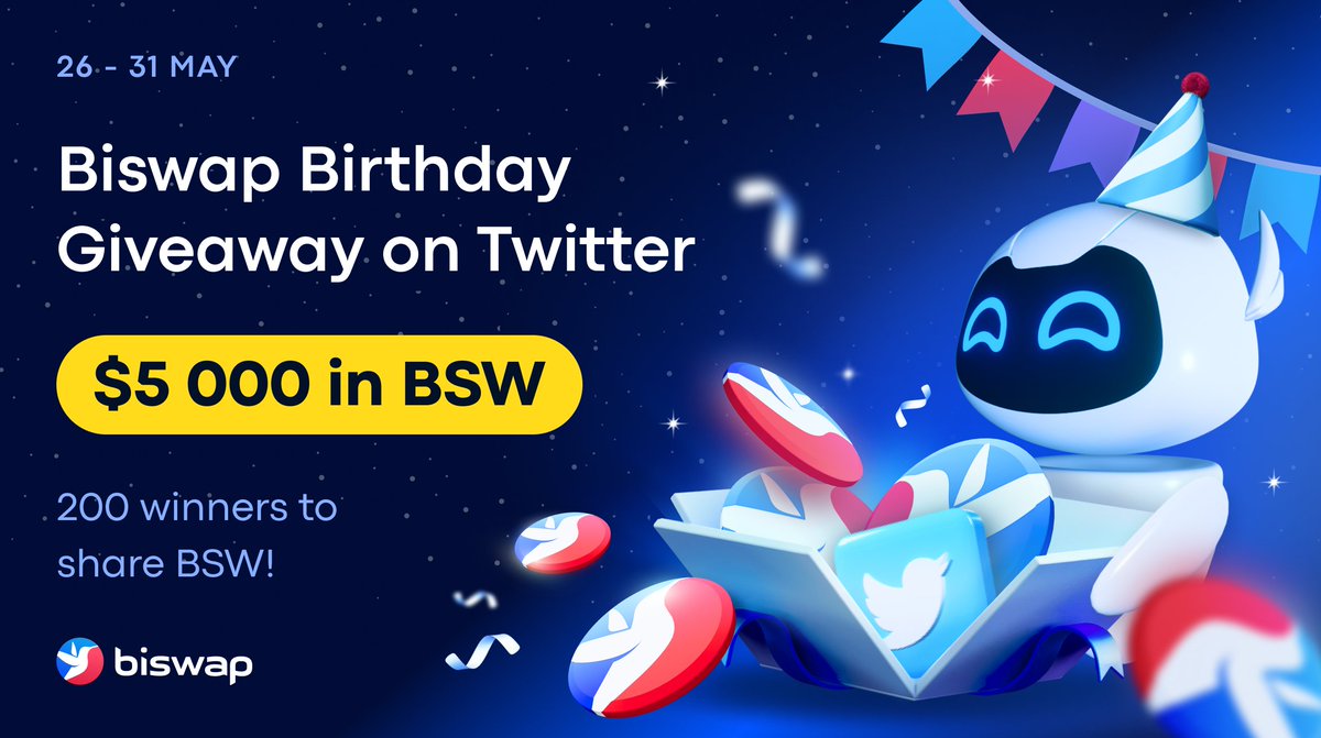 🎊Biswap B-day Giveaway!🎊 
 
    Share $5 000 in BSW!

1️⃣Follow <a href="/Biswap_Dex/">Biswap</a> &amp; <a href="/BNBCHAIN/">BNB Chain</a>  
2️⃣Quote RT with BEP-20 wallet and: 
- Congratulate Biswap &amp; tell friends to join Party for 300K $BSW
- Put #BiswapAnniversary
- Tag Biswap &amp; BNB Chain
3️⃣Fill out: bit.ly/3sY0bQV
